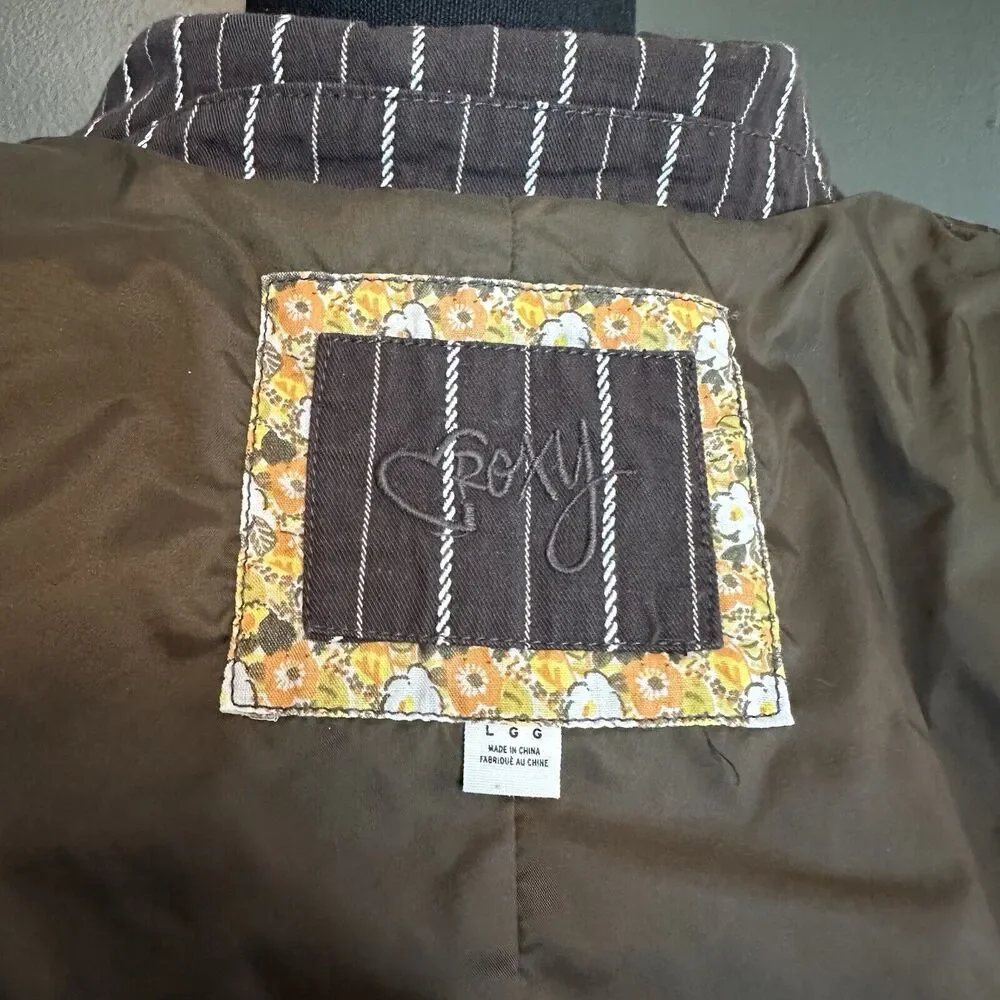 Roxy‎ Brown White Striped Cropped Blazer Jacket Y2K L Large - Picture 2 of 7